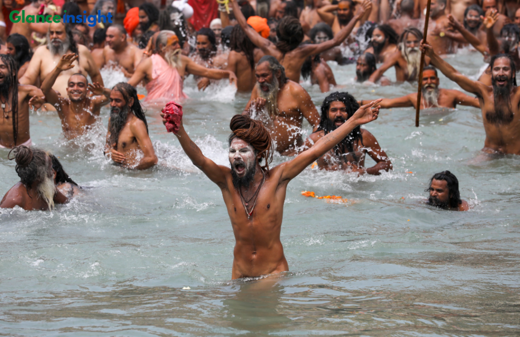 a group of people in water, mahakumbh